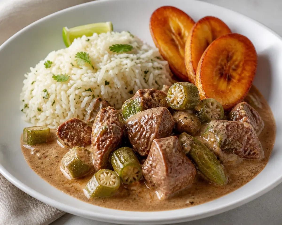 Caribbean Beef Stew with Coconut Milk, Okra, and Lime Rice with Golden Plantain