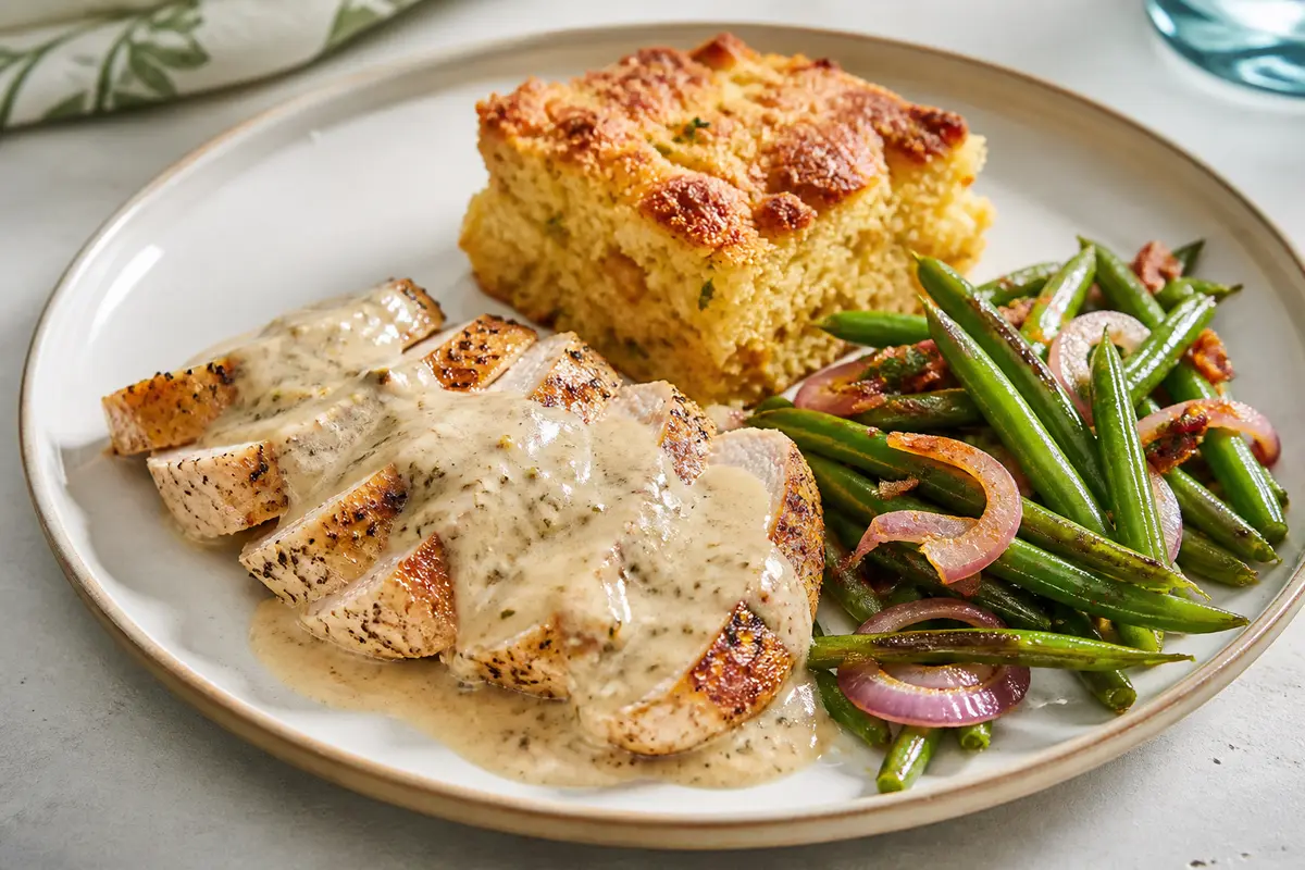 Skillet Turkey with Creamy Mustard Herb Sauce, Savory Cornbread Pudding, and Warm Green Bean Salad