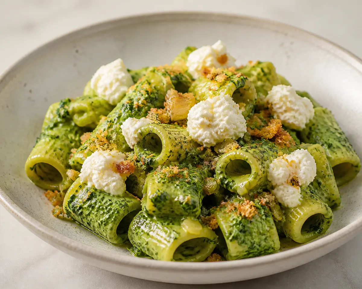 Mezzi Rigatoni with Kale Cream, Roasted Garlic Ricotta and Lemony Breadcrumbs