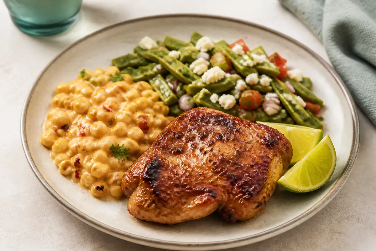 Piloncillo-Lime Chicken with Creamy Chipotle Corn and Crunchy Cactus Salad