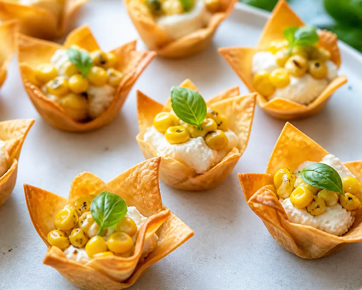 Crispy wonton cups with lemon ricotta, toasted corn and basil