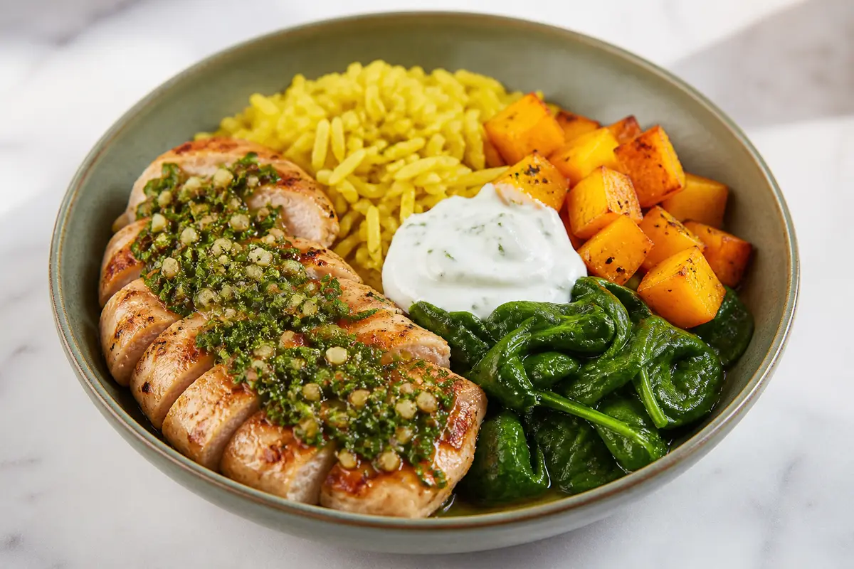 Bowl tibio de pollo al chimichurri de espinaca con arroz dorado, calabaza asada y crema de yogur al limón