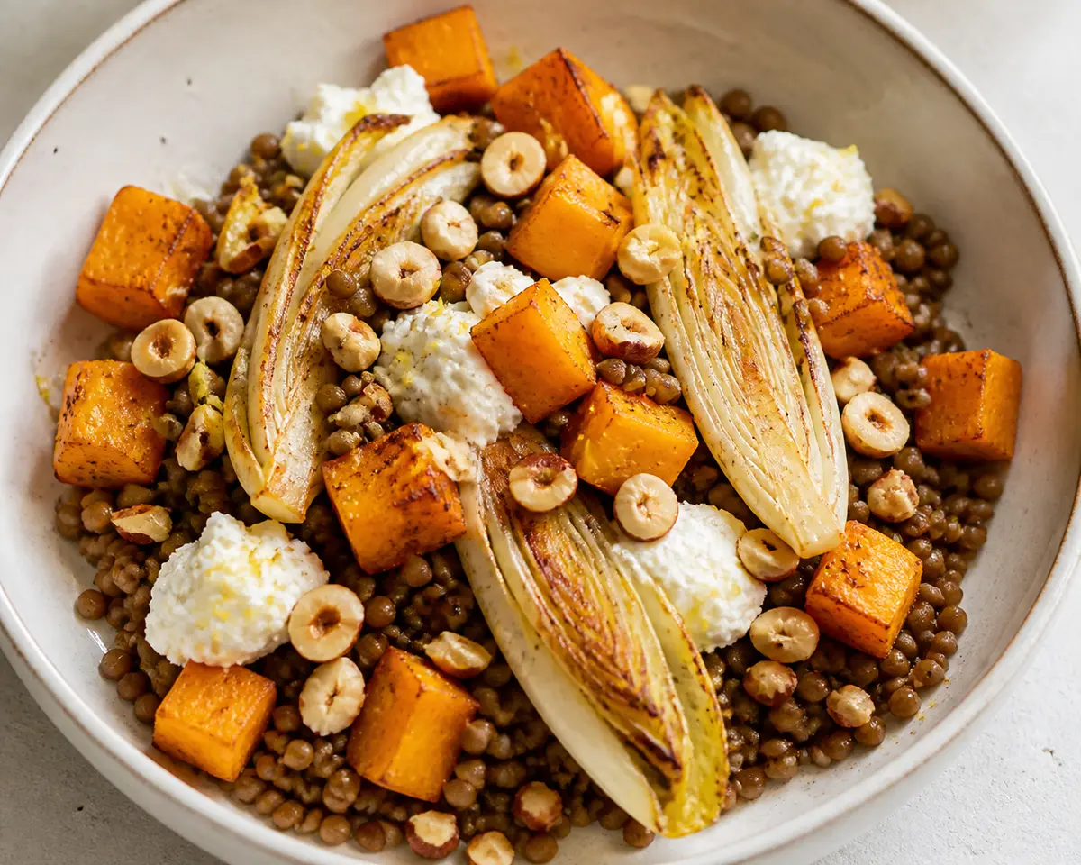 Ensalada tibia de lentejas pardinas, calabaza asada, endivias caramelizadas y ricotta de limón con avellanas