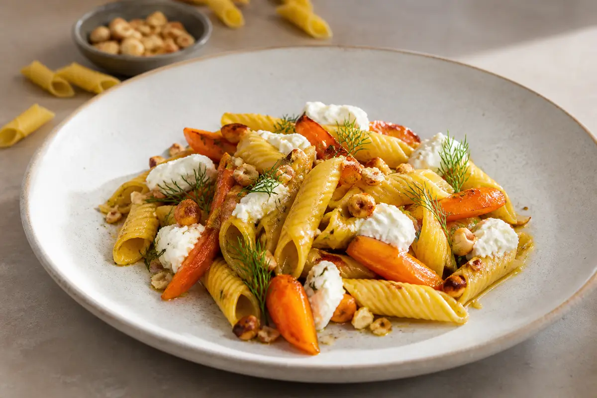 Garganelli de zanahoria asada, mantequilla de ajo dorado y ricotta con avellana y eneldo