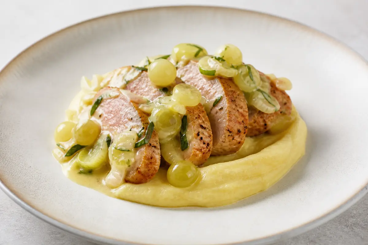 Solomillo de Cerdo en Salsa de Uva Blanca, Estragón y Puerro con Puré de Chirivía Dorada