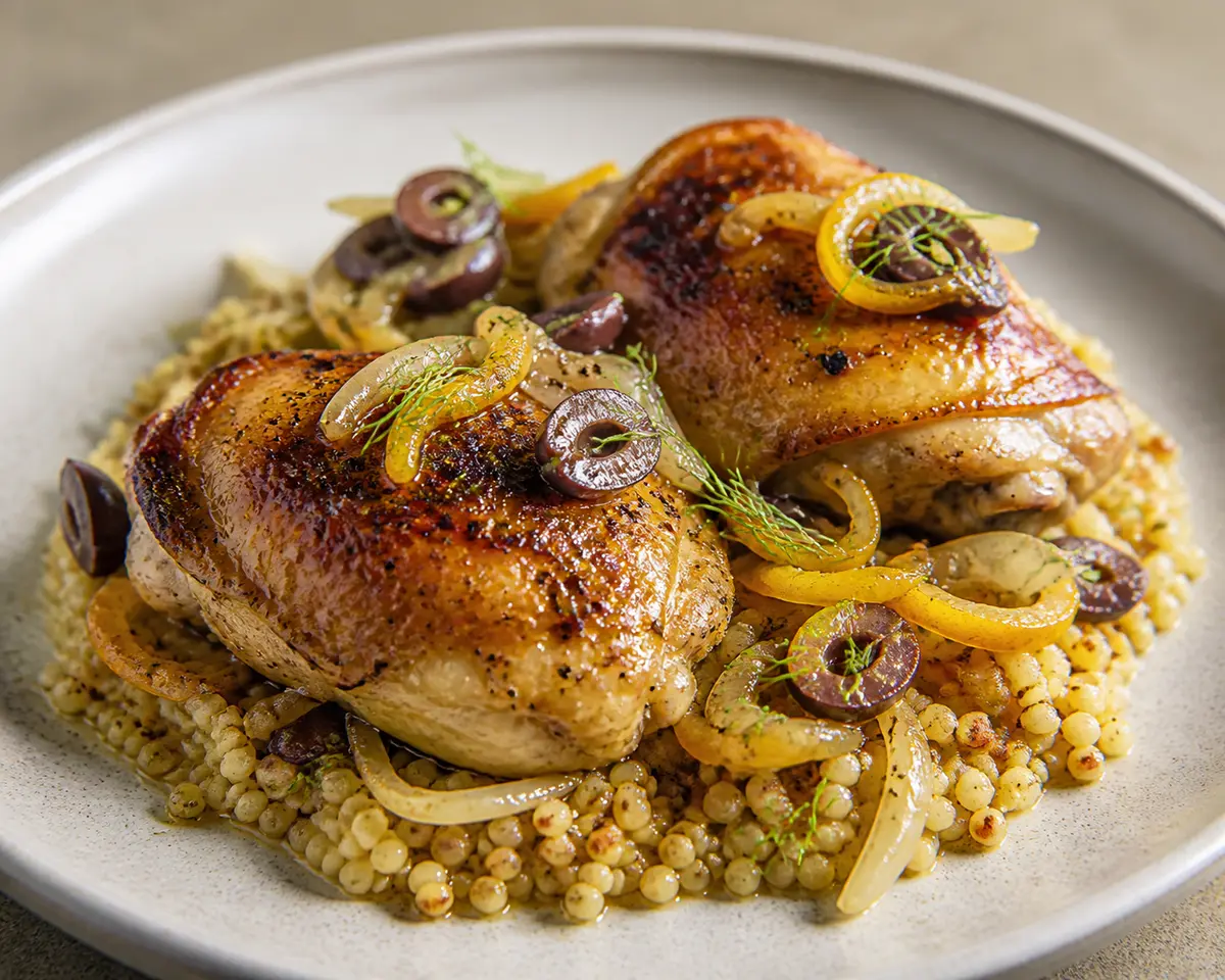 Baked Chicken with Bitter Orange, Fennel and Olive Glaze over Toasted Couscous