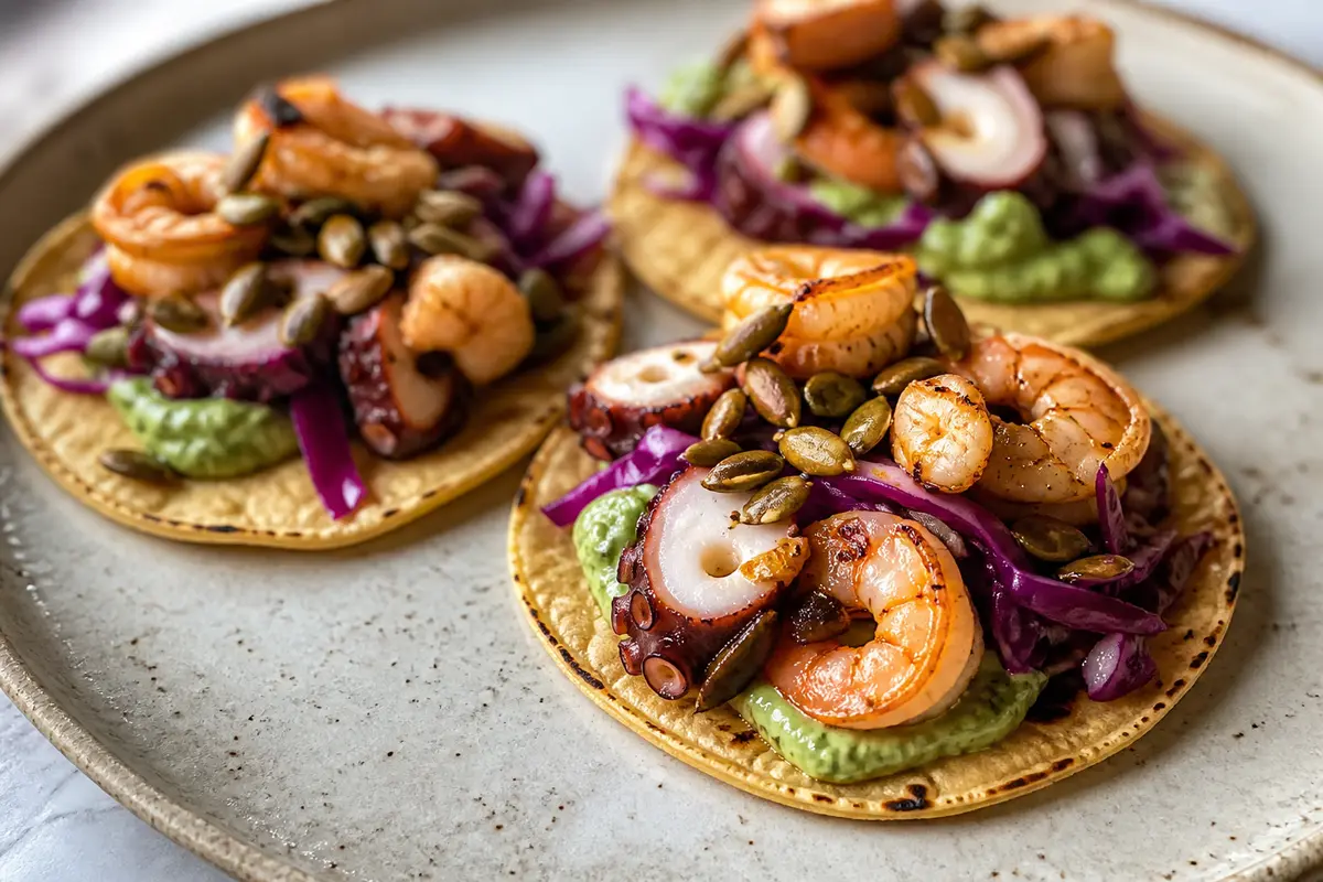 Warm Shrimp and Octopus Tacos with Roasted Avocado Cream, Pickled Red Cabbage, and Chili Pepitas