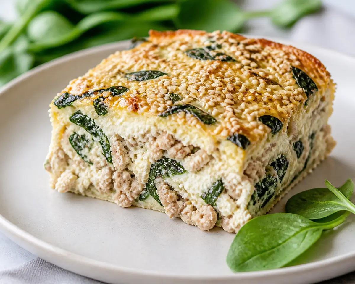 Pastel de Claras y Pavo con Requesón, Espinaca y Costra de Sésamo