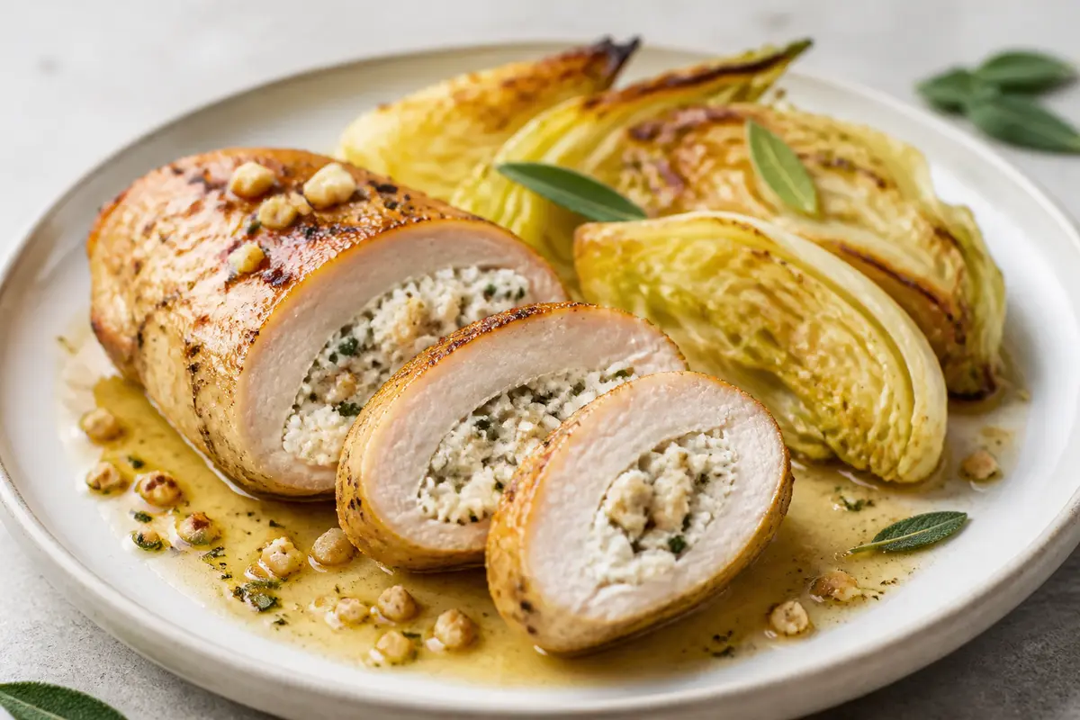 Pechuga de pollo rellena de ricotta, salvia y nuez con repollo rostizado y mantequilla de limón