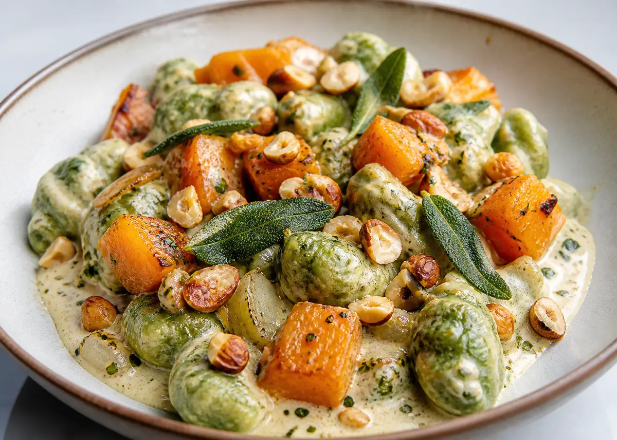 Spinach Gnocchi Gratin with Roasted Butternut Squash, Creamy Sage Sauce and Crunchy Hazelnuts