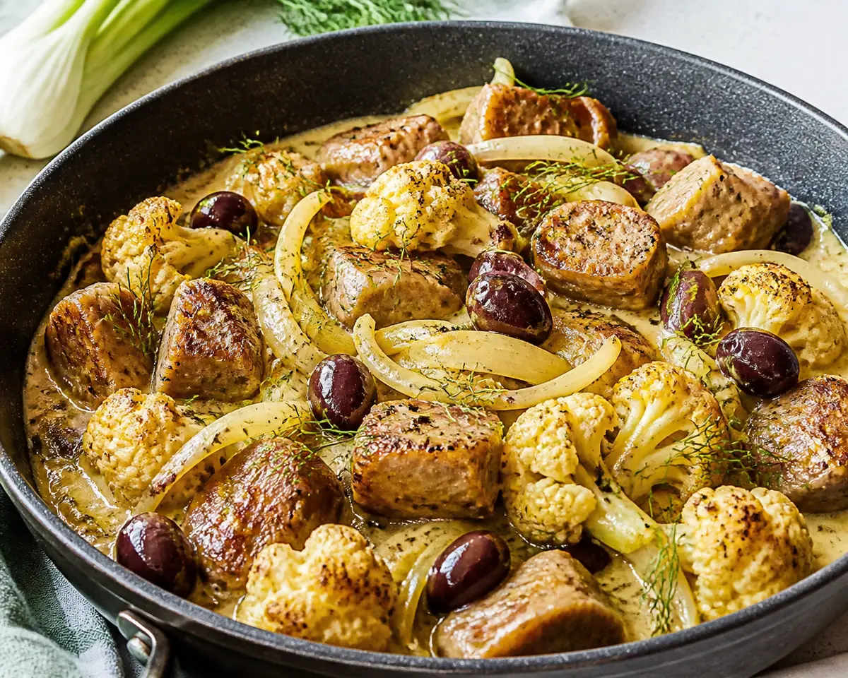 Sartén Keto de Salchicha Italiana Cremosa con Hinojo, Coliflor Dorada y Aceitunas