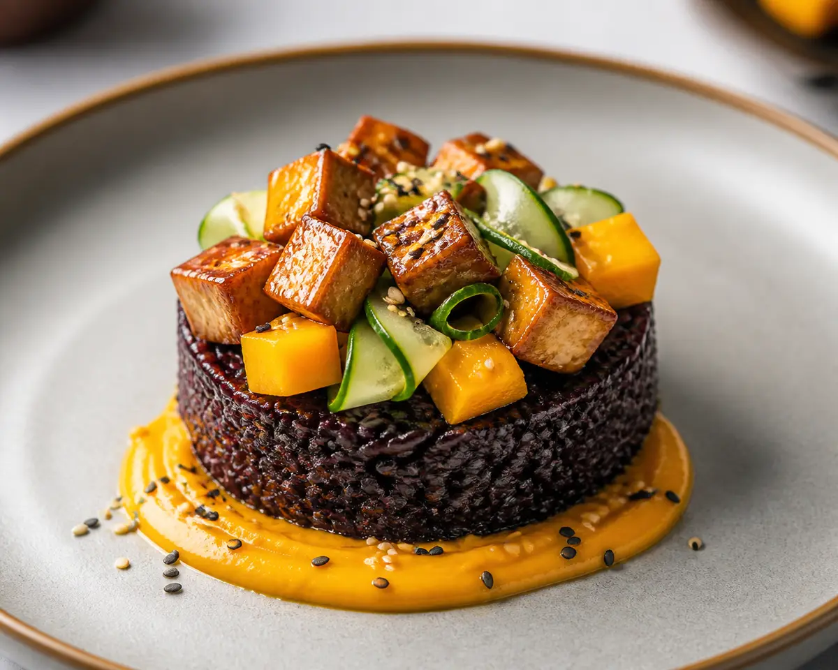 Crispy Black Rice Timbale with Ginger Pumpkin Cream, Glazed Tofu and Sesame Seeds