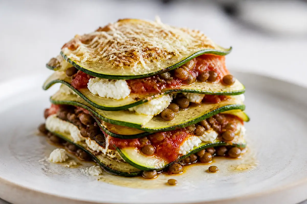 Zucchini Lasagna Stacks with Citrus Ricotta, Tomato Lentils, and Parmesan Crust