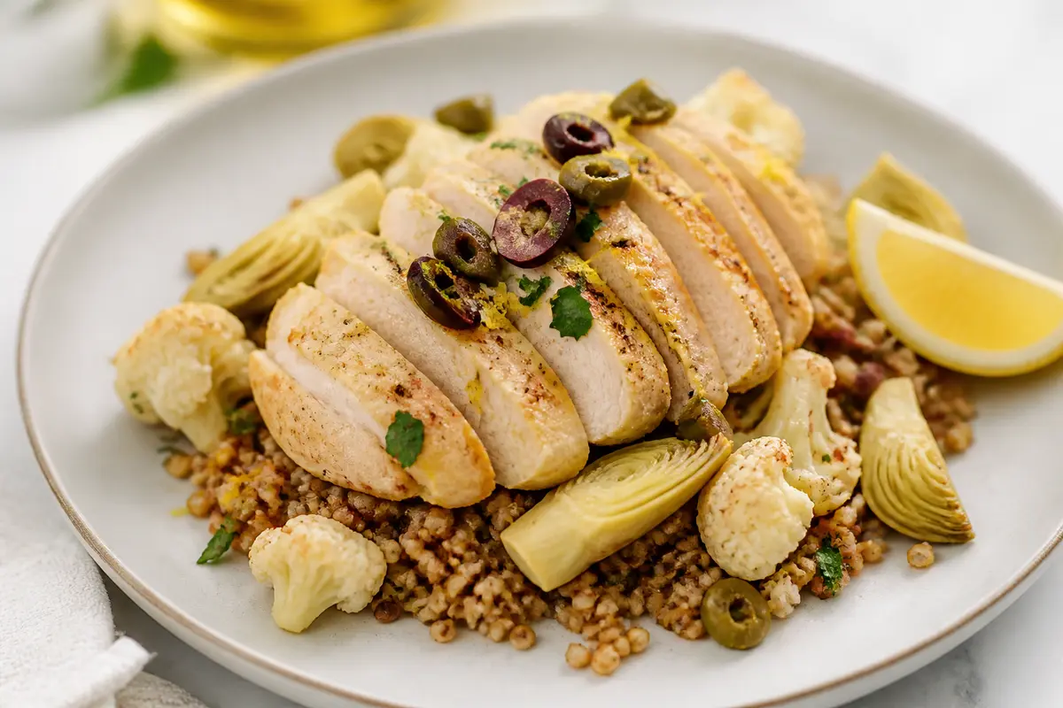 Pollo al limón y oliva con alcachofas salteadas y trigo sarraceno de coliflor
