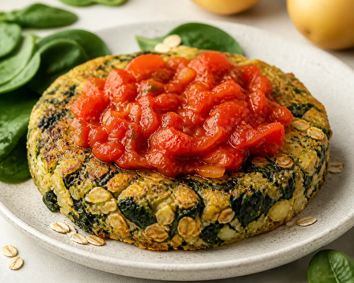 Budget Potato, Oat and Spinach Skillet Pie with Quick Tomato Sauce