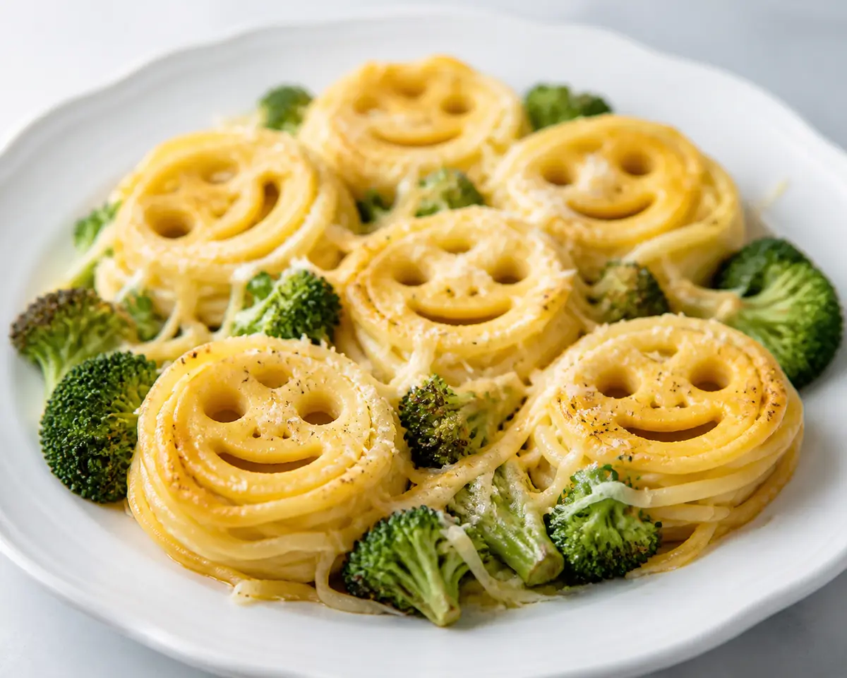 Smiley Noodle Nests with Broccoli and Cheese