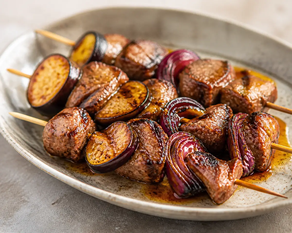 Brochetas de cordero a la parrilla con berenjena ahumada, cebolla morada y glaseado de dátil, limón y comino