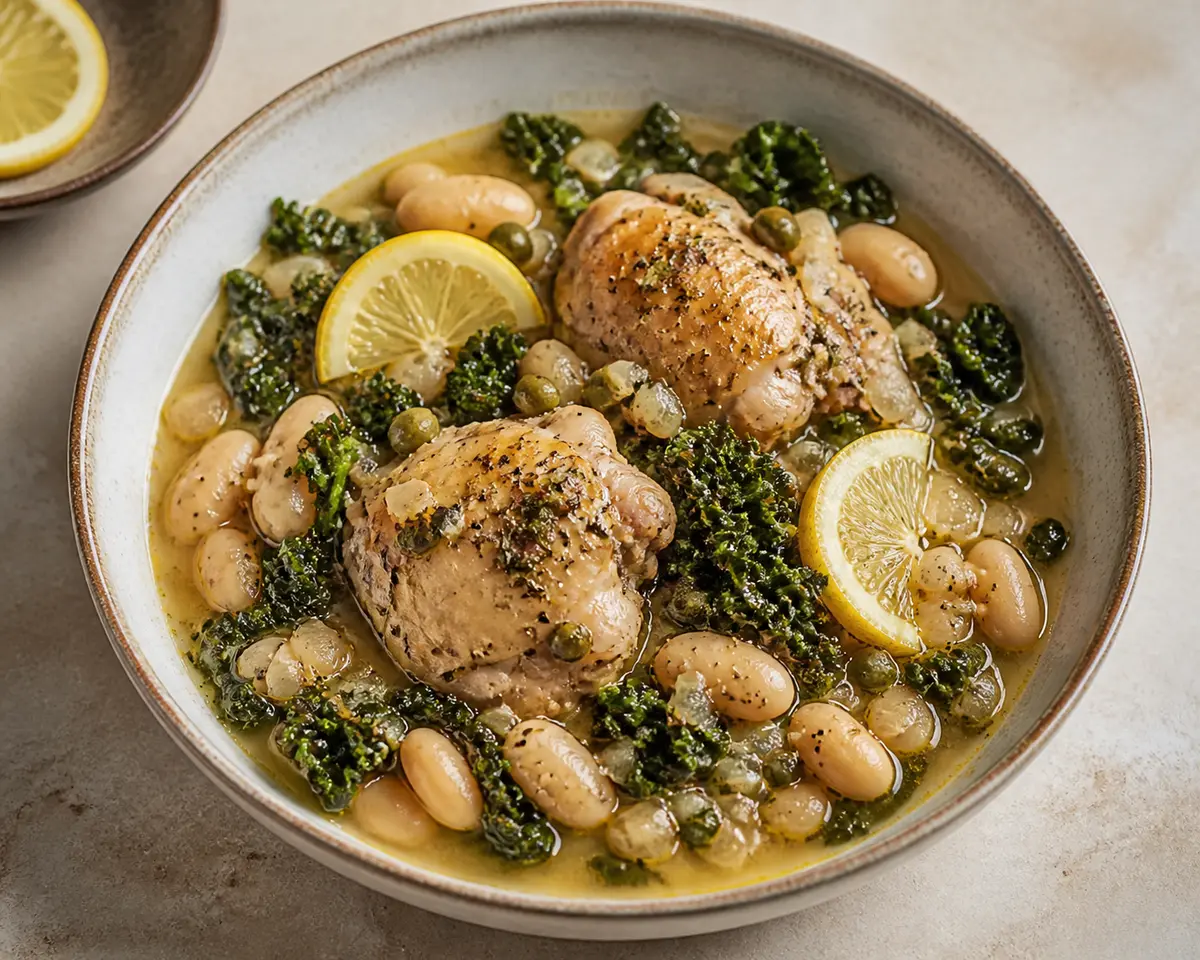 Pollo en slow cooker con col rizada, limón, alcaparras y judías blancas
