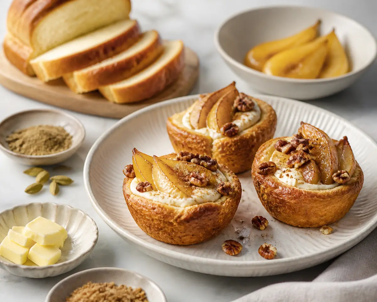 Vasitos tibios de pan brioche al cardamomo con crema de mascarpone, peras doradas y nuez pecana crujiente