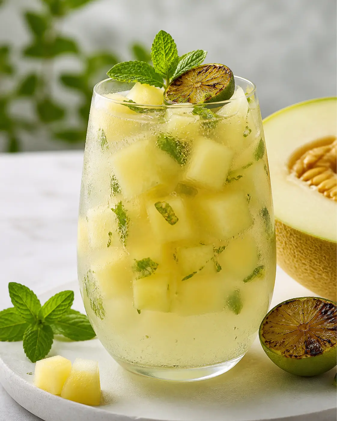 Chilled galia melon, charred lime and mint cooler with coconut water