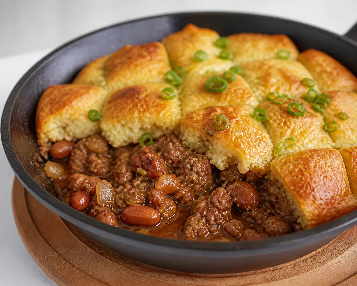 Skillet Beef Pie with Creamy Red Beans and Garlic-Scallion Bread Crust