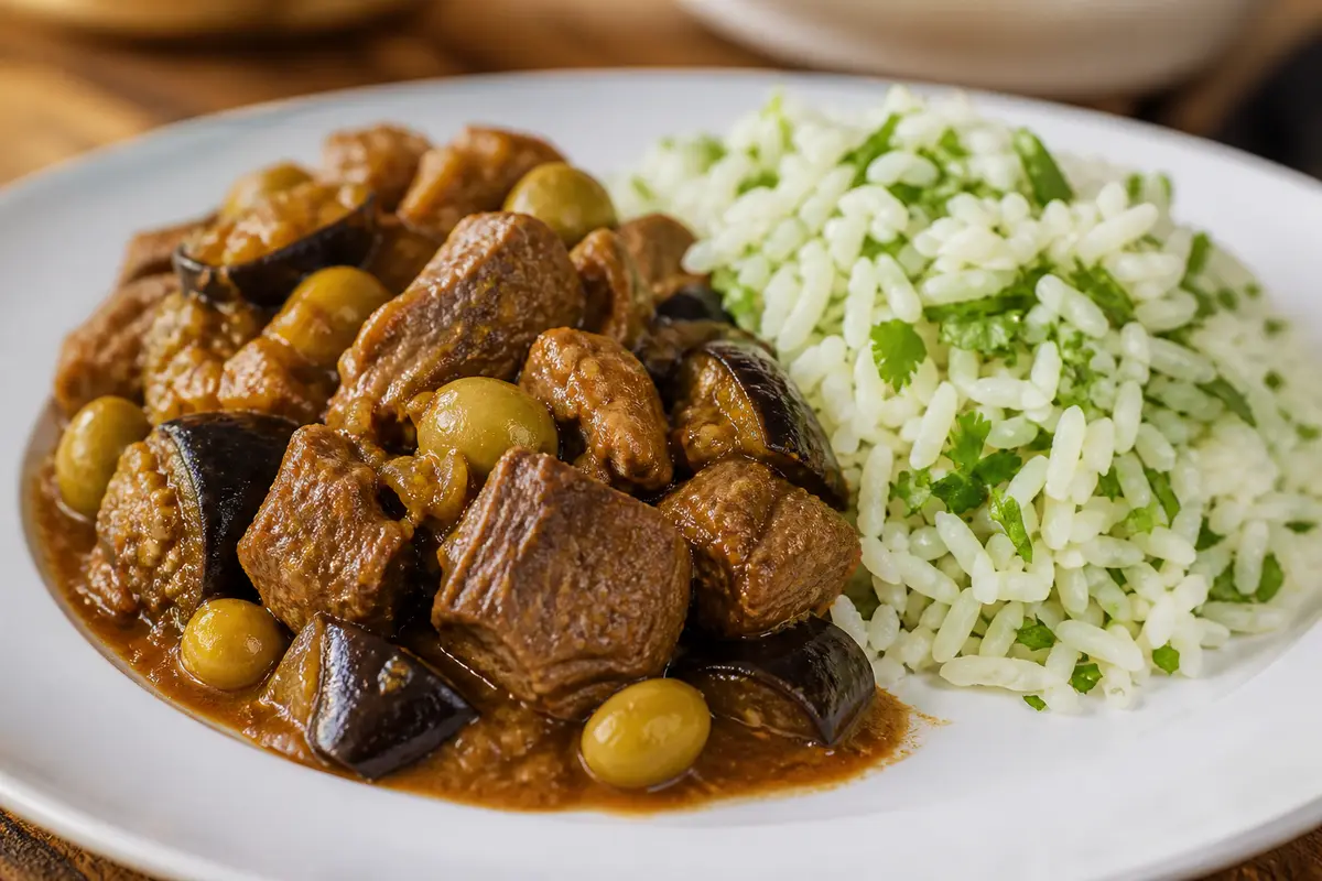 Ragú Caribeño de Chivo con Berenjena Ahumada, Aceitunas Verdes y Arroz Suelto de Cilantro