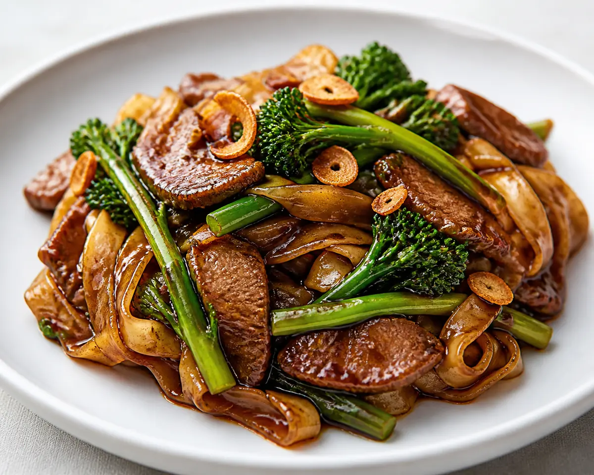 Rice Noodles with Beef in Black Soy-Mandarin Glaze, Stir-Fried Broccolini and Crispy Garlic