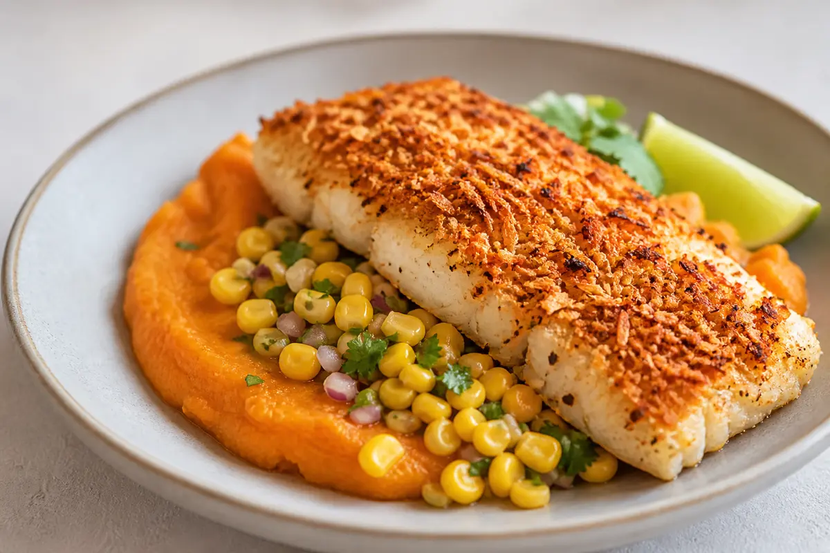 Filete de Pescado en Costra de Coco y Achiote con Puré Suave de Boniato y Ensalada Tibia de Maíz y Lima