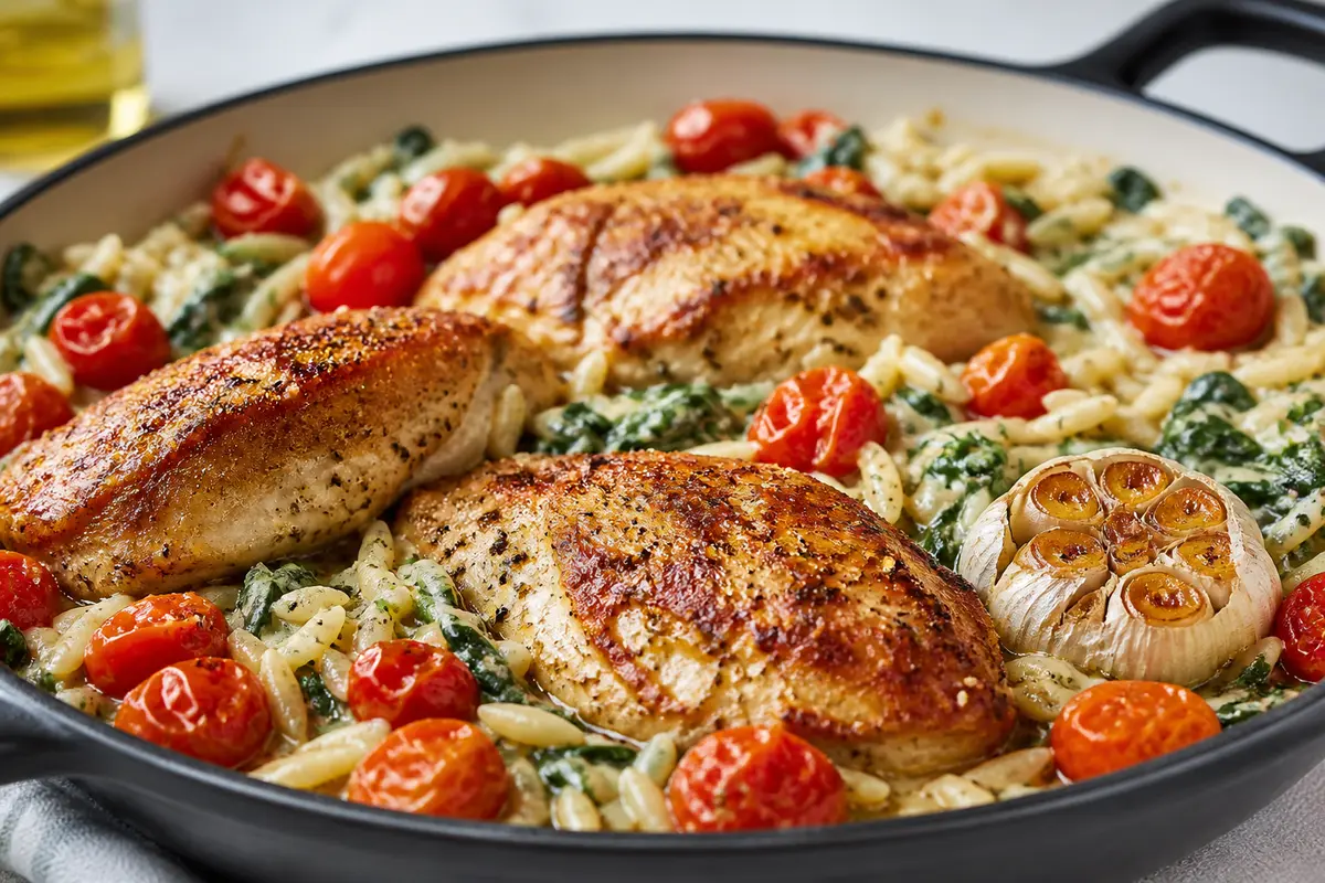 Sartén de pollo al ajo asado con orzo cremoso de espinacas y tomates burst