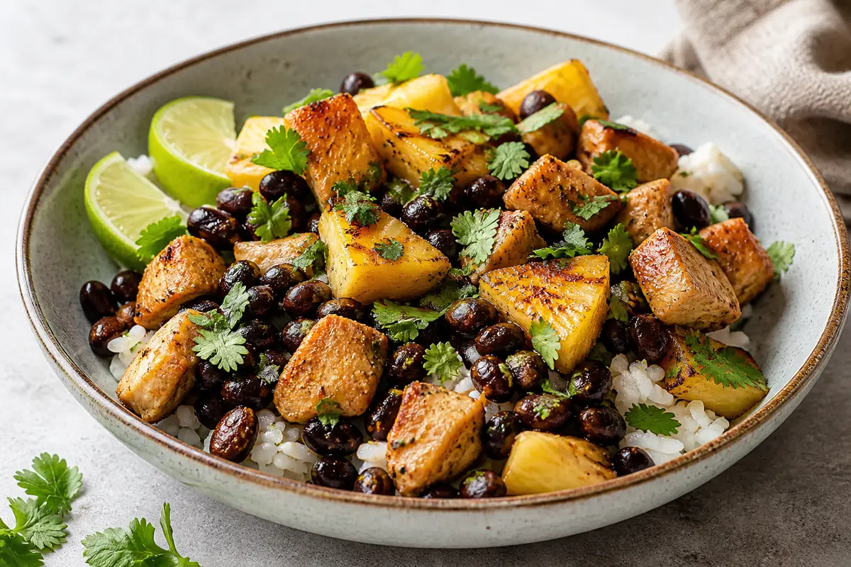 Warm cilantro-lime turkey bowl with light coconut rice, seared pineapple, and crispy black beans