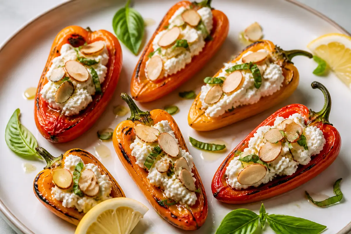 Mini pimientos asados rellenos de ricotta al limón, almendra tostada y albahaca crujiente