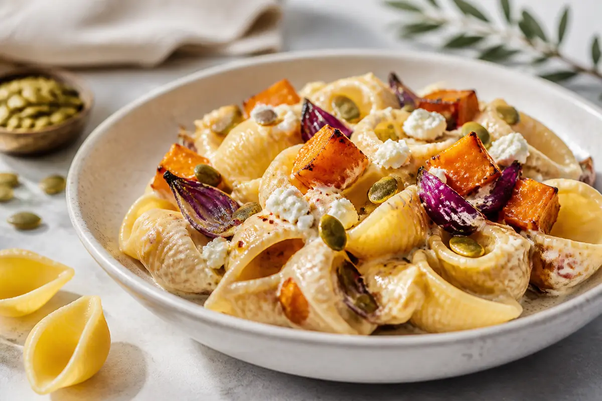 Lumaconi cremosos de boniato especiado, cebolla roja asada y feta con pepitas de chile y lima
