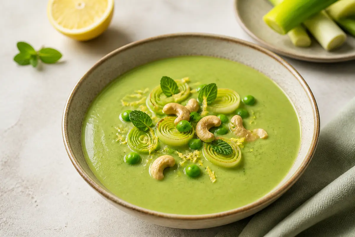 Creamy Roasted Leek, Pea and Cashew Soup with Mint and Lemon