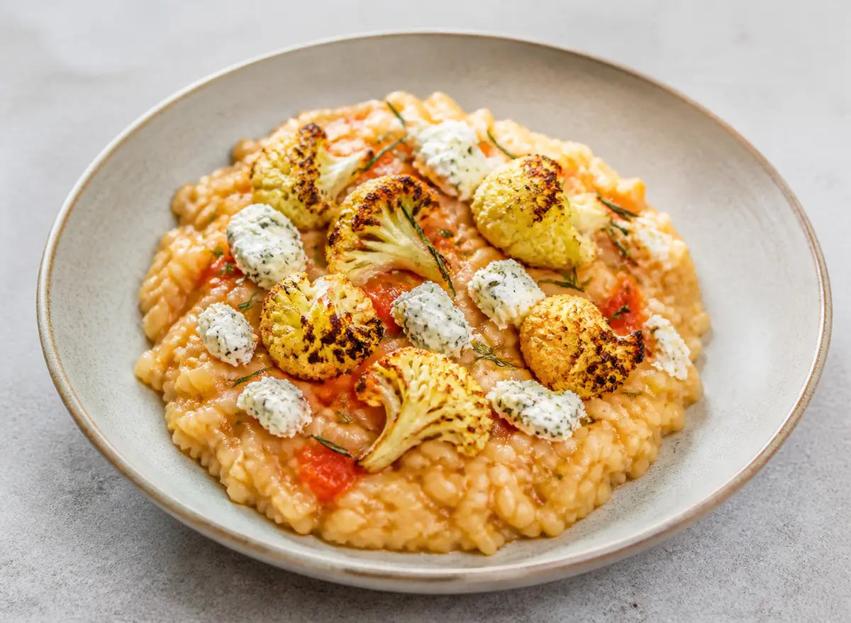 Arroz meloso de coliflor tostada, tomate rallado y queso de cabra al romero