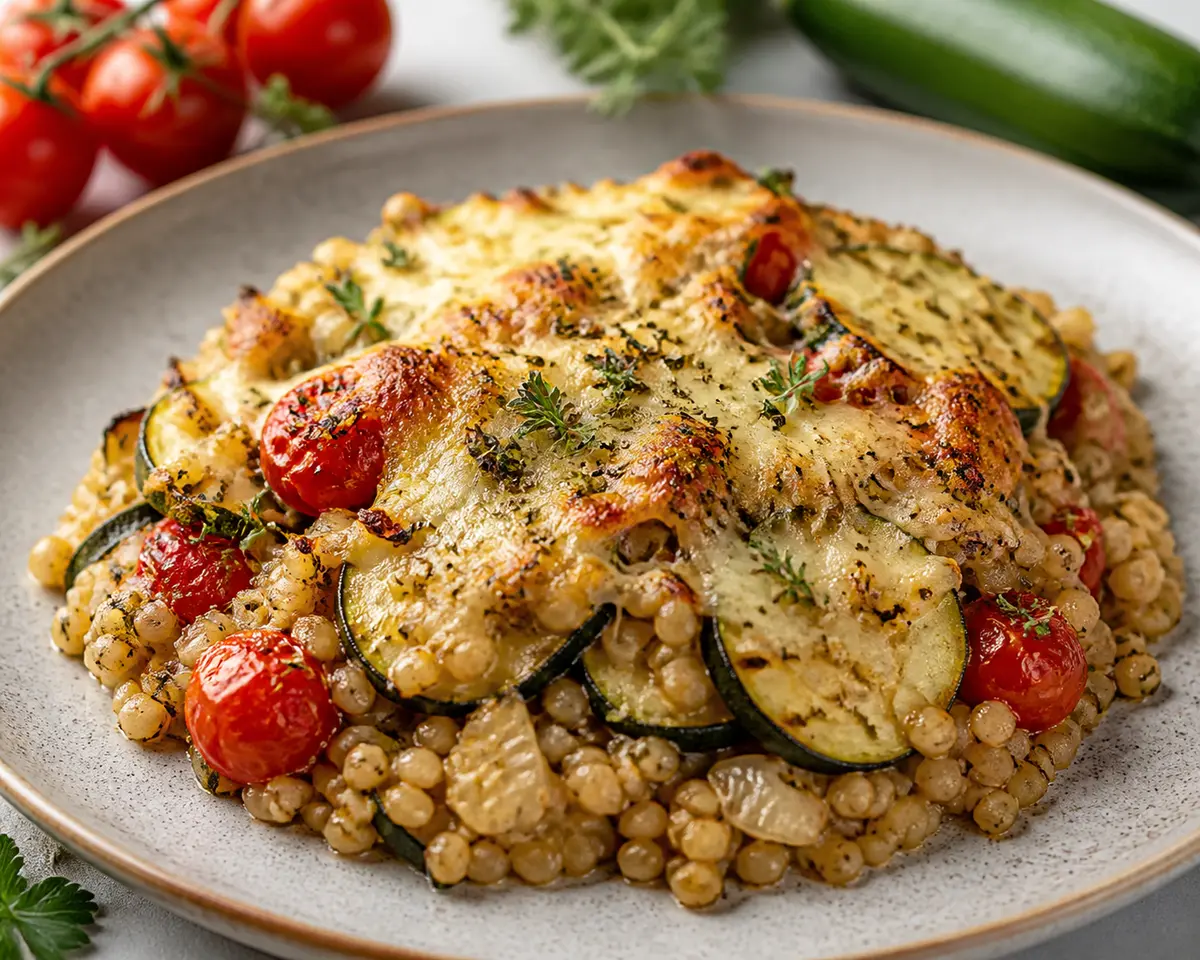 Creamy barley bake with golden zucchini, roasted tomatoes and oregano mozzarella crust