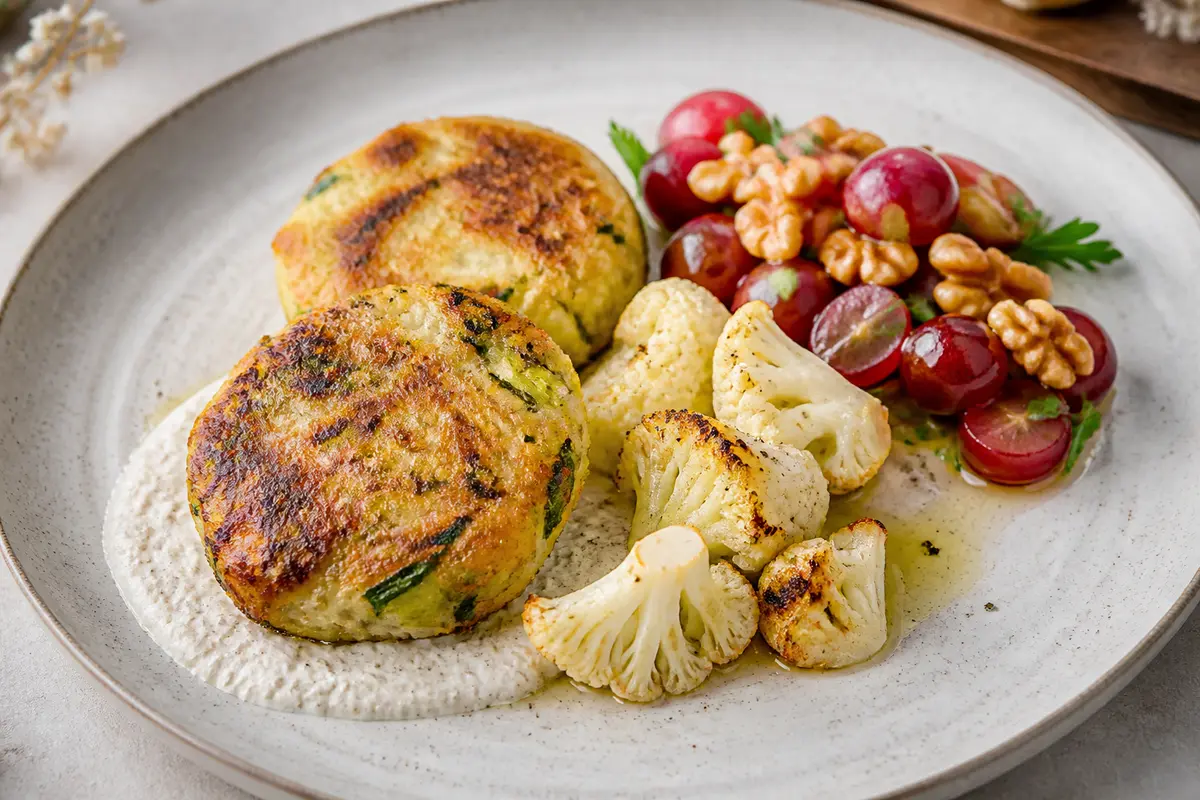 Chickpea and leek cakes with roasted cauliflower lemon cream and warm grape walnut salad