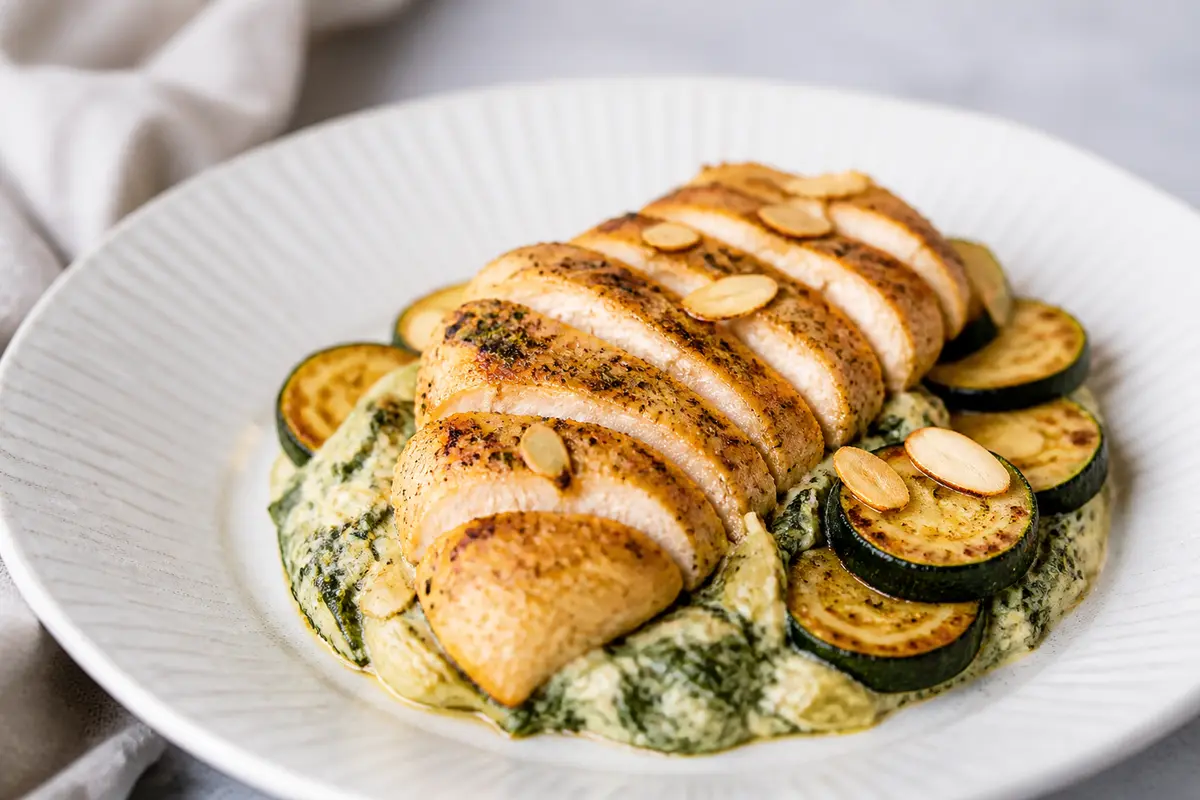 Garlic Chicken Breast with Artichoke-Spinach Cream, Golden Zucchini and Almonds