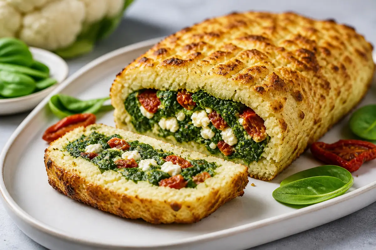 Pan de coliflor relleno de espinaca, feta y tomates asados