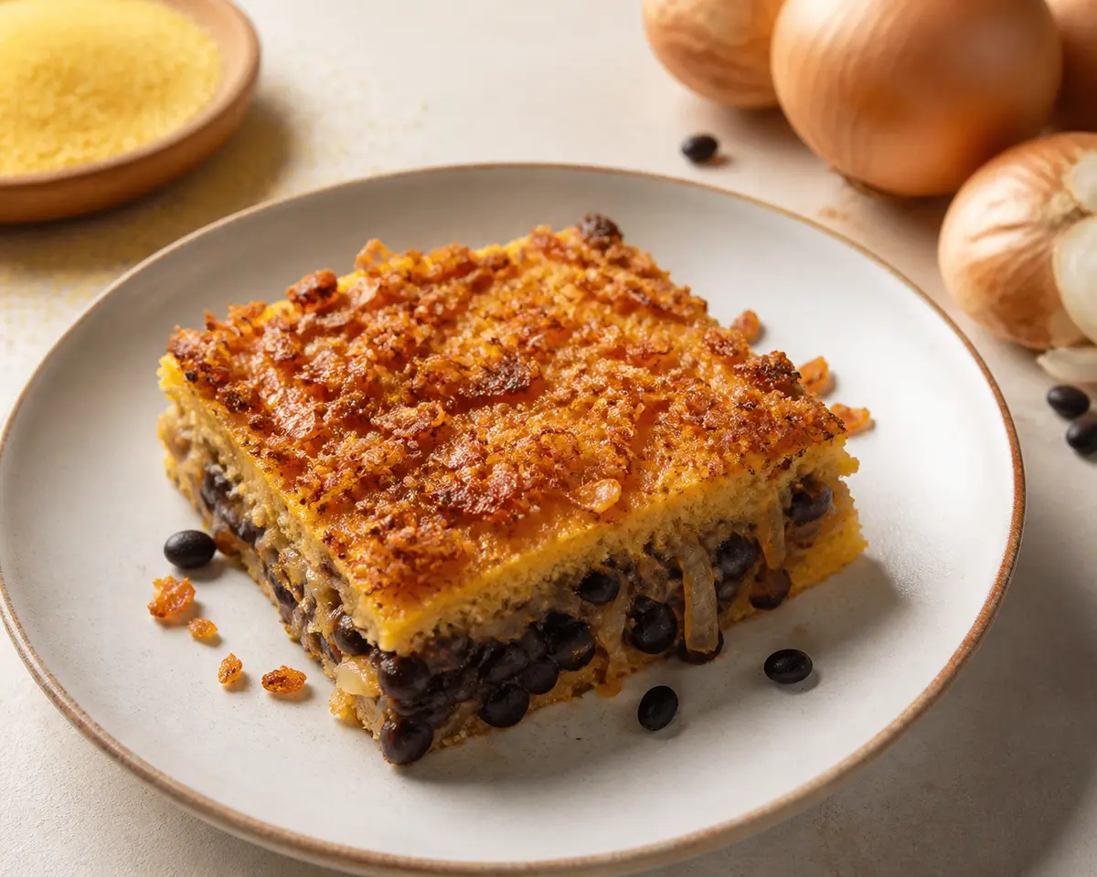 Pastel Económico de Frijoles Negros, Polenta y Cebolla con Costra Crujiente de Ajo