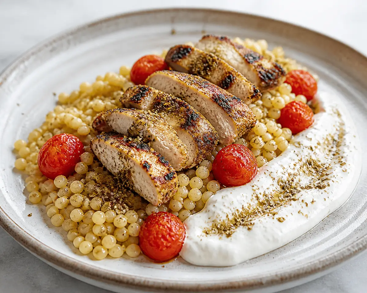 Cuscús Perlado Exprés con Pollo al Za’atar, Tomates Cherry y Crema Tibia de Feta