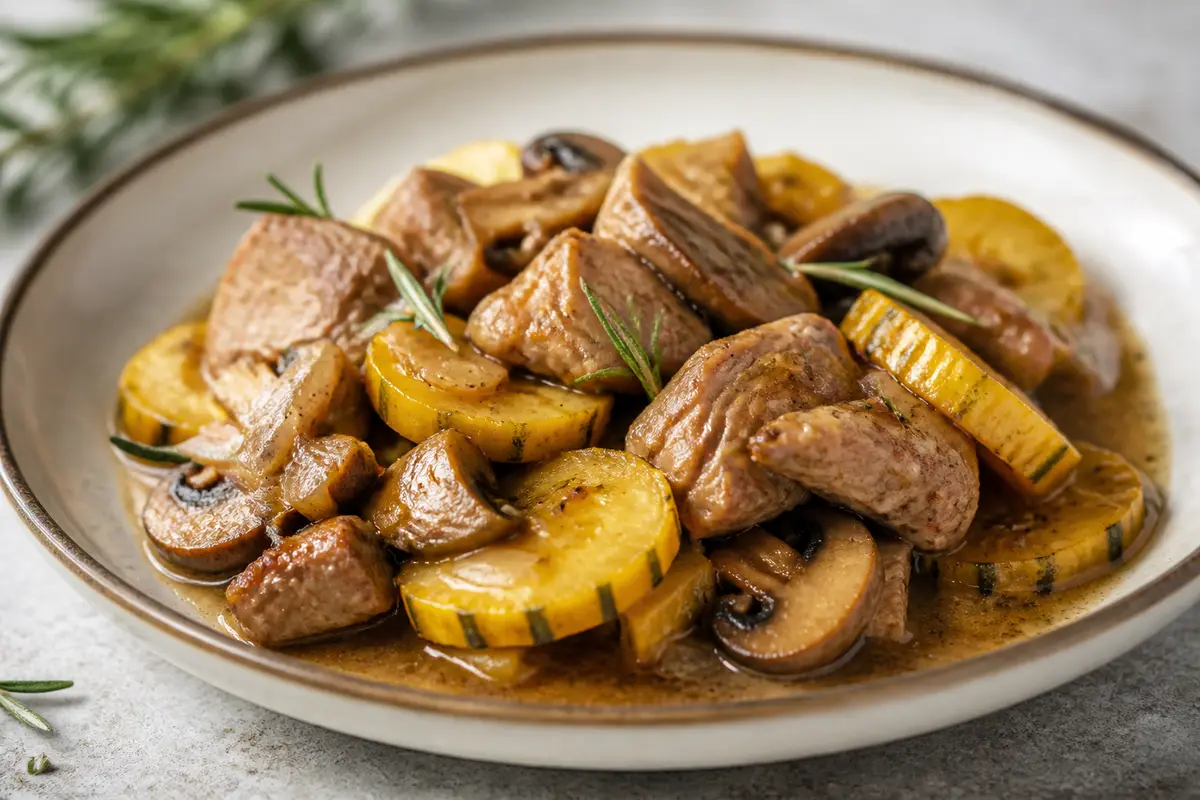 Cerdo en slow cooker con calabaza delicata, setas y salsa de romero con vinagre de jerez