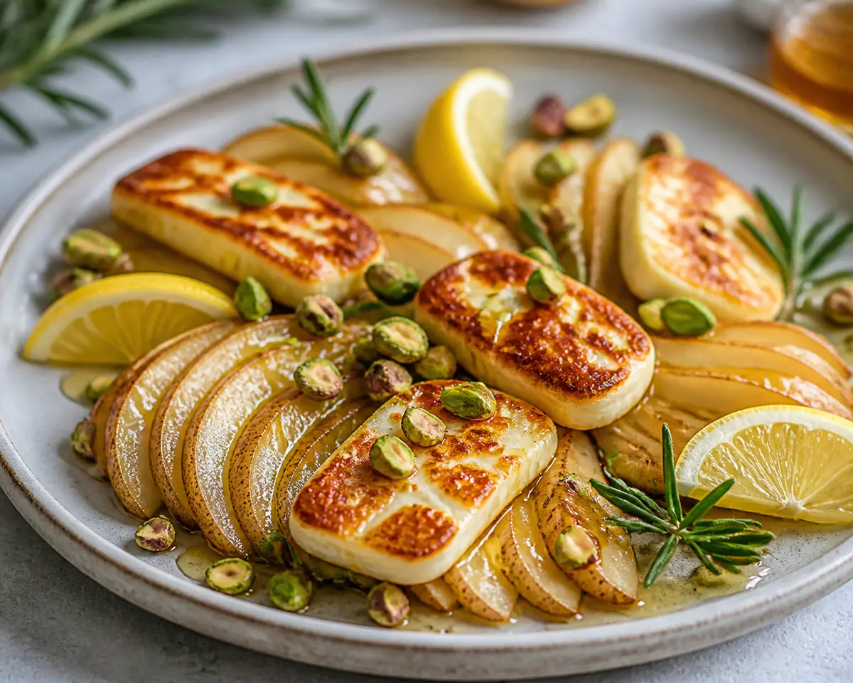 Abanicos de pera y halloumi en Air Fryer con pistacho, miel de romero y limón