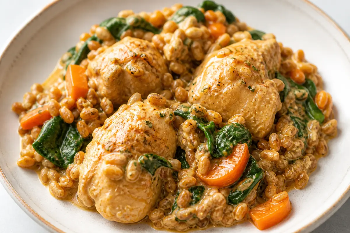 Instant Pot de pollo al yogur especiado con trigo tierno, zanahoria y espinacas
