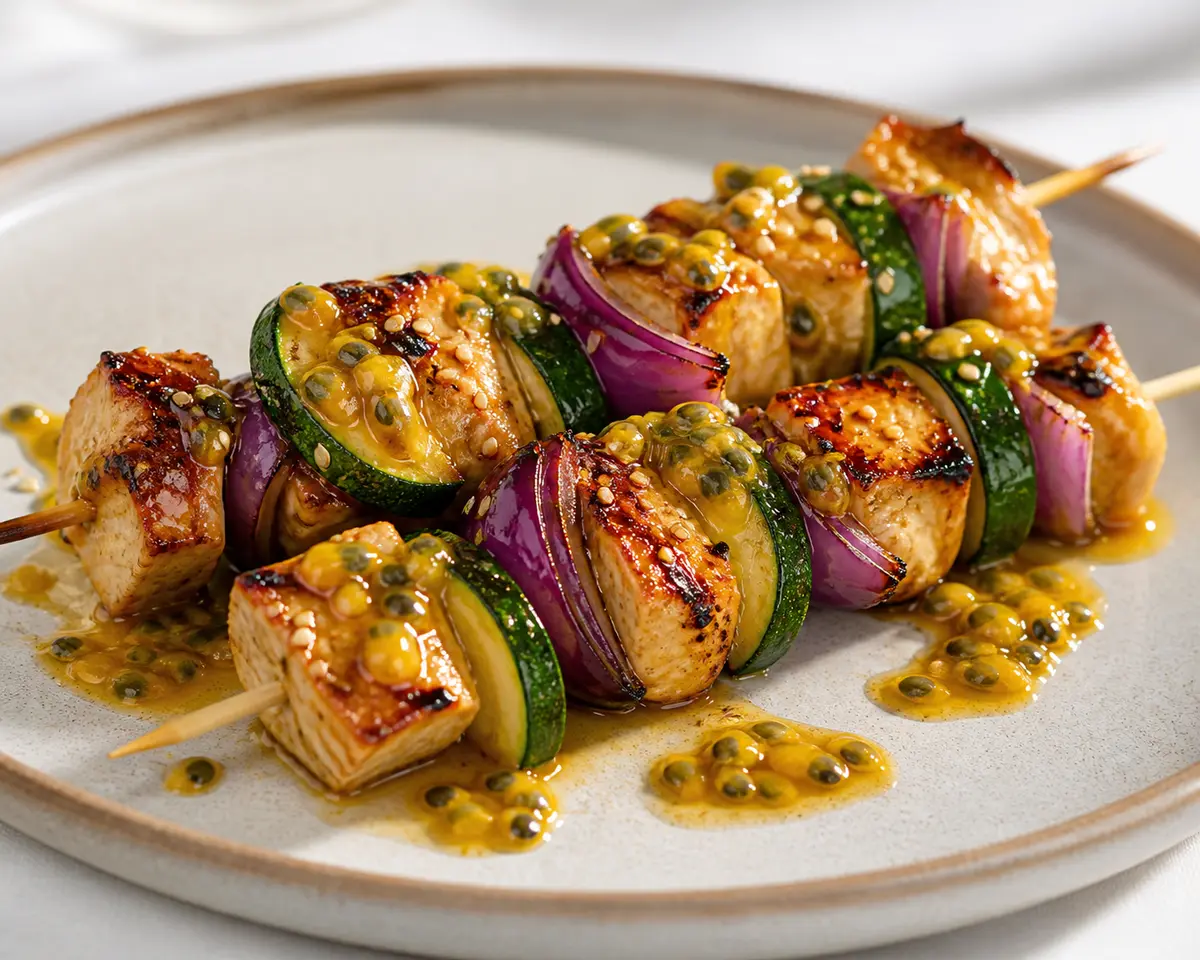 Grilled chicken skewers with zucchini, red onion, and passion fruit ginger sesame glaze