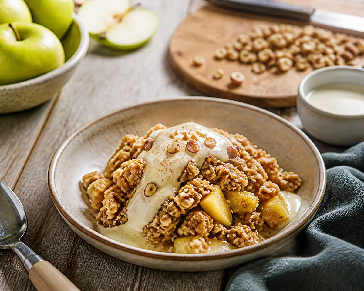 Warm Green Apple and Hazelnut Oat Crisp with Light Maple Cream