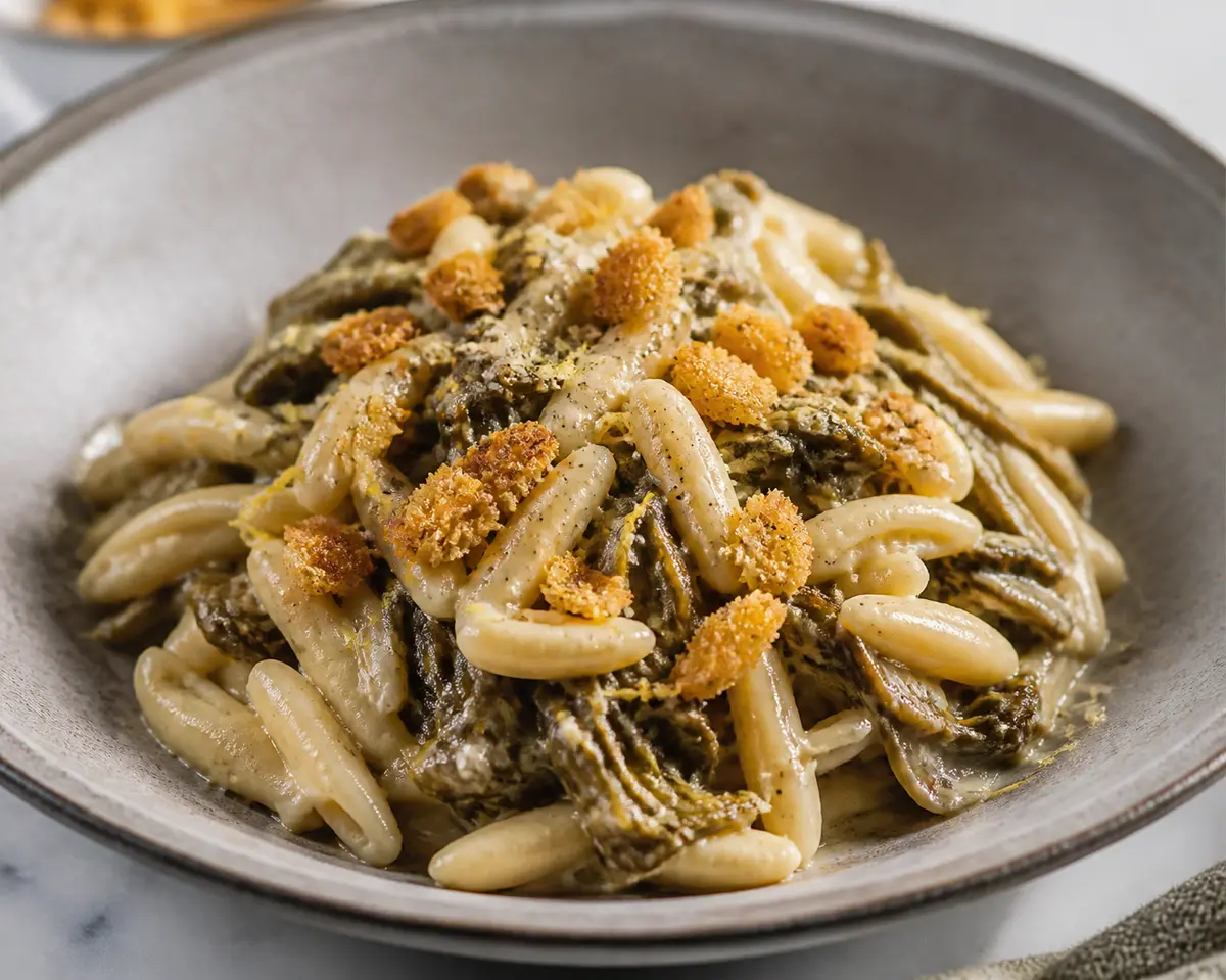 Cavatelli Cremosos con Achicoria, Limón Confitado y Migas Crujientes de Parmesano