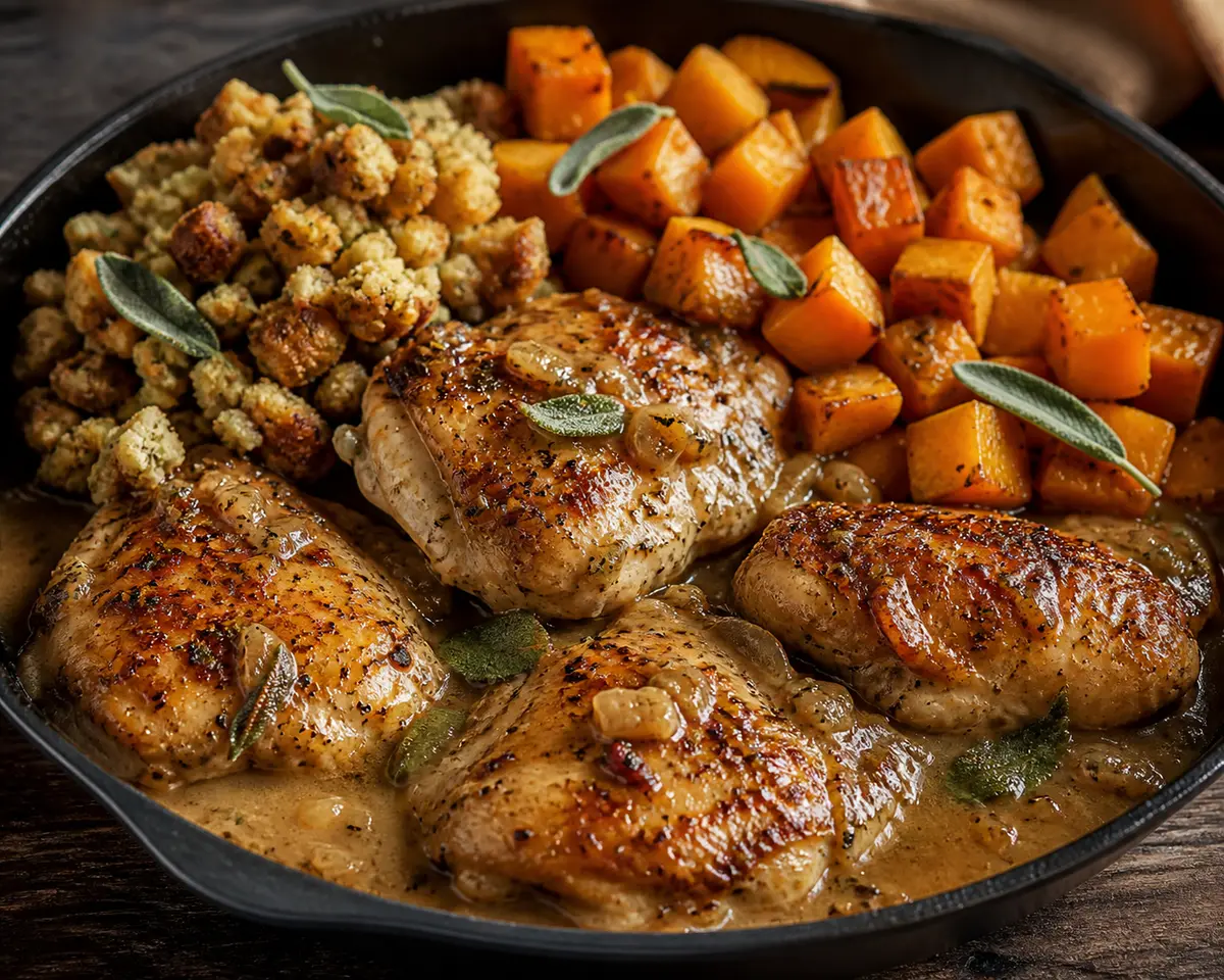 Country Chicken Skillet with Cider-Sage Gravy, Crunchy Pretzel Stuffing and Roasted Squash