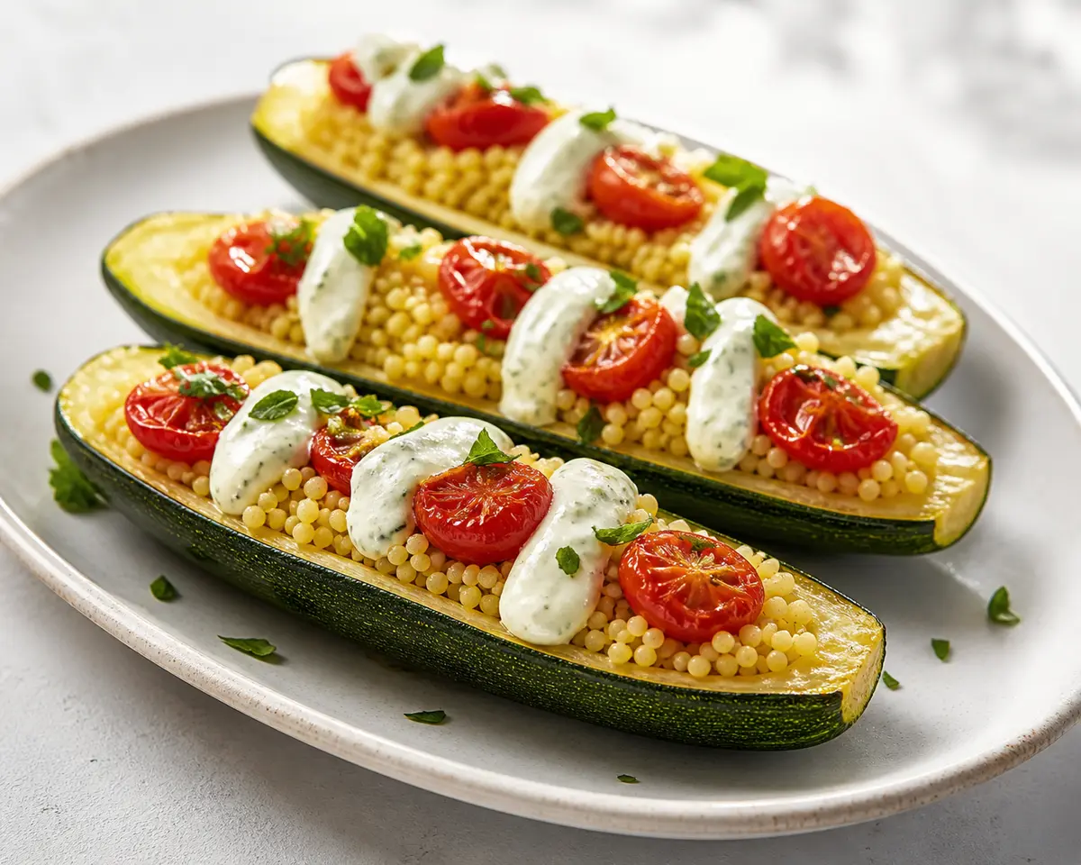 Barquitas Mediterráneas de Calabacín con Mijo al Limón, Tomates Confitados y Labneh de Hierbas