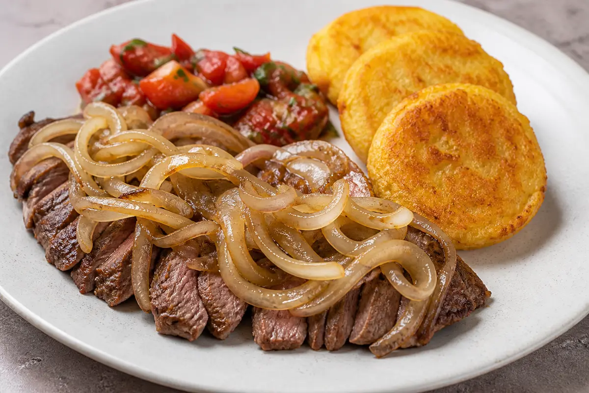 Bistec Encebollado al Chimichurri de Tomate Asado con Tortitas de Yuca Dorada