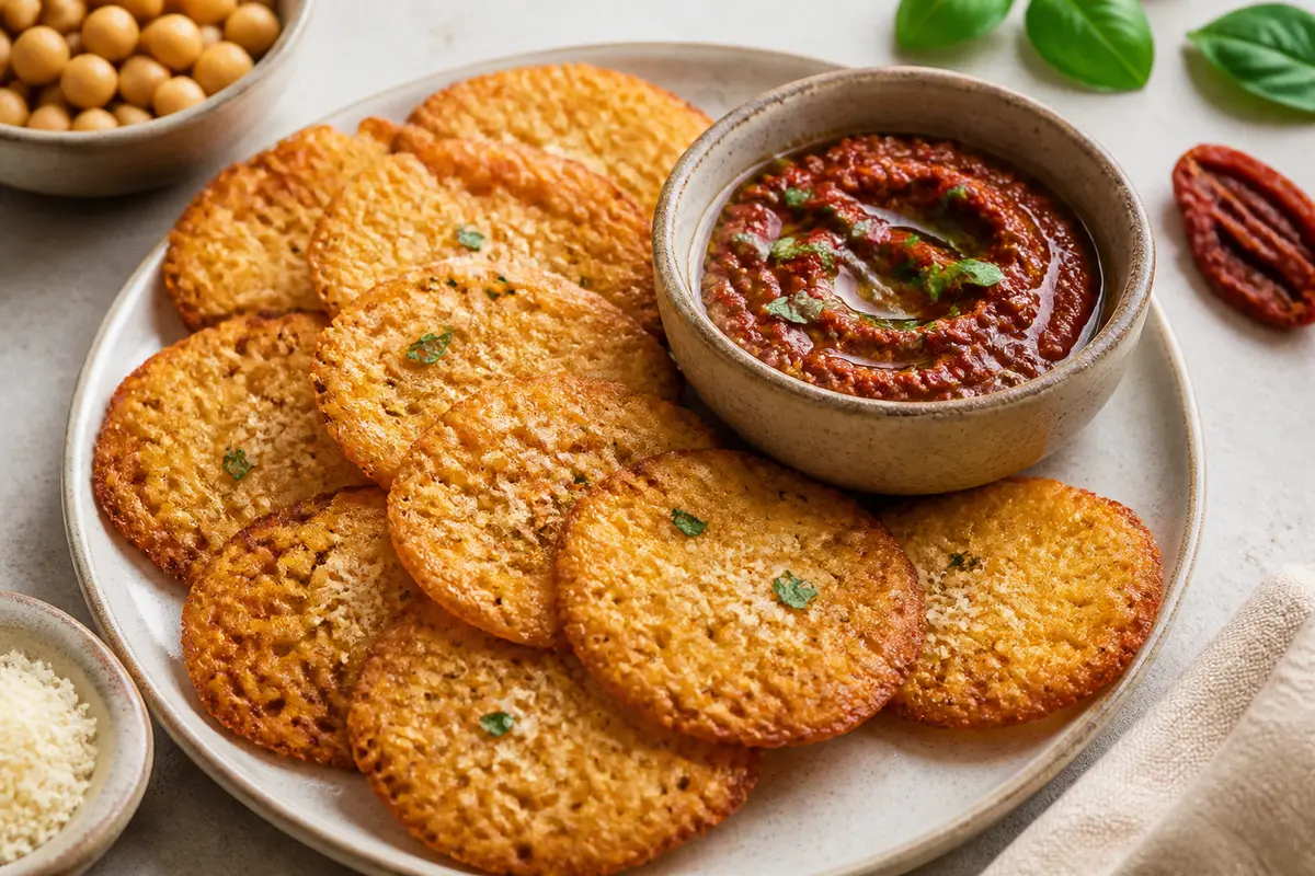 Tejitas crujientes de garbanzo y parmesano con dip de tomate seco y albahaca